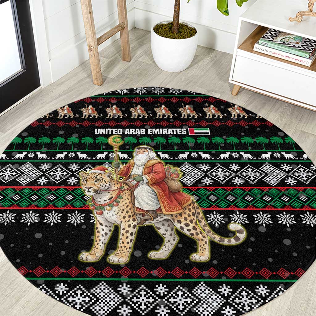 United Arab Emirates Christmas Round Carpet with Santa Riding Cheetah Black Snowflake Pattern and Palm Tree - Wonder Print Shop
