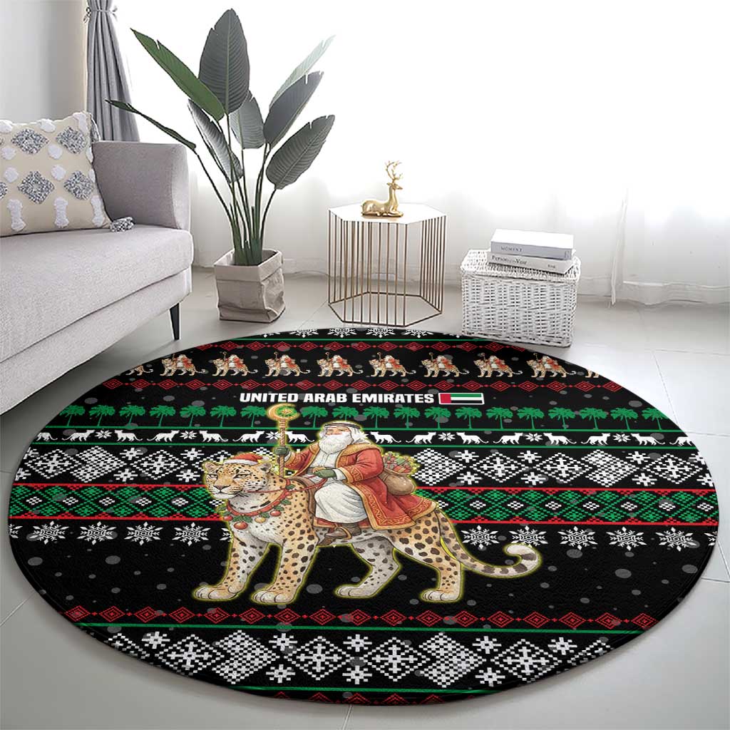 United Arab Emirates Christmas Round Carpet with Santa Riding Cheetah Black Snowflake Pattern and Palm Tree - Wonder Print Shop