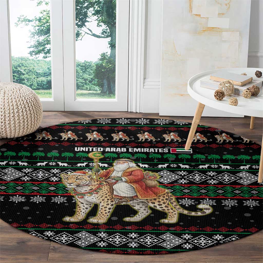 United Arab Emirates Christmas Round Carpet with Santa Riding Cheetah Black Snowflake Pattern and Palm Tree - Wonder Print Shop