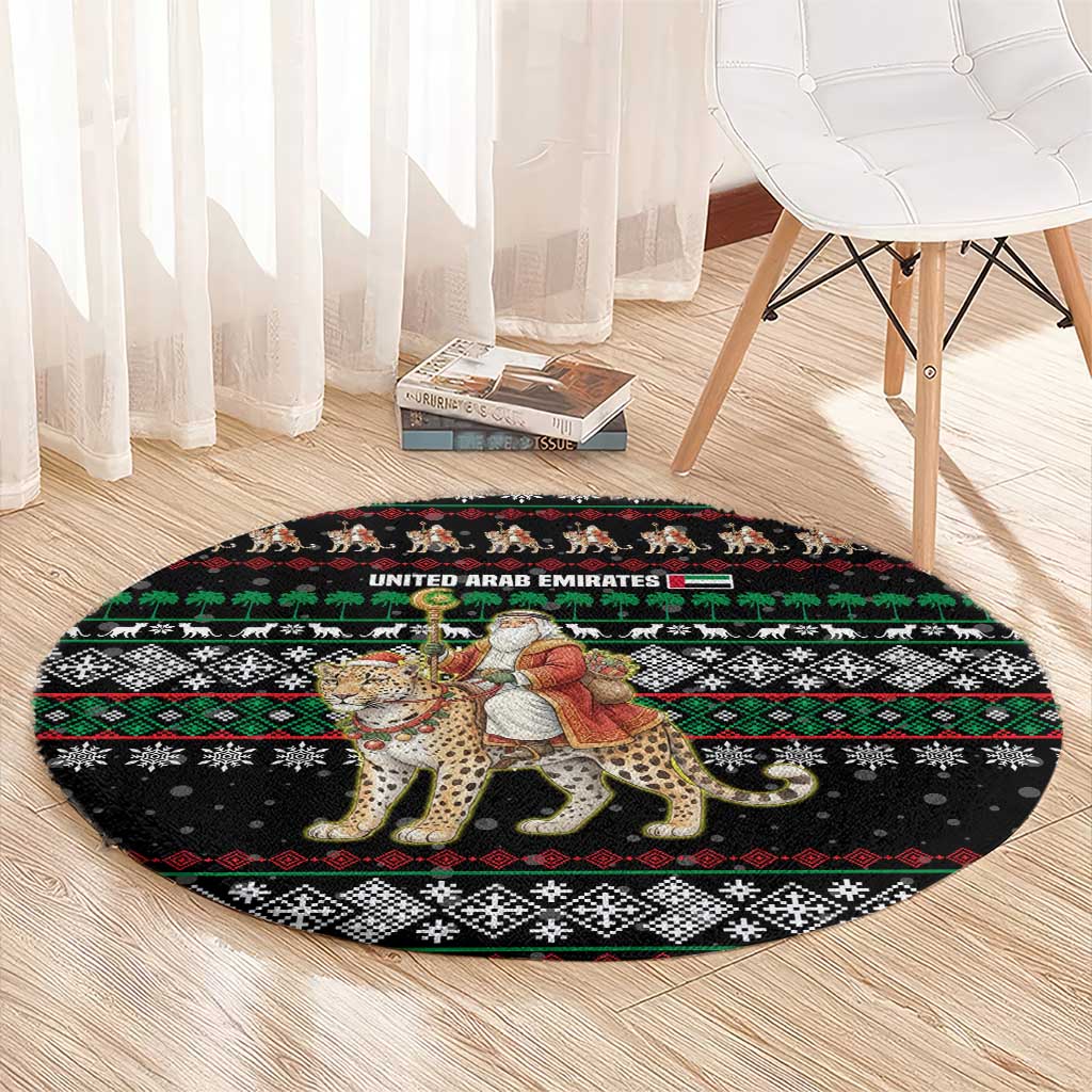 United Arab Emirates Christmas Round Carpet with Santa Riding Cheetah Black Snowflake Pattern and Palm Tree - Wonder Print Shop
