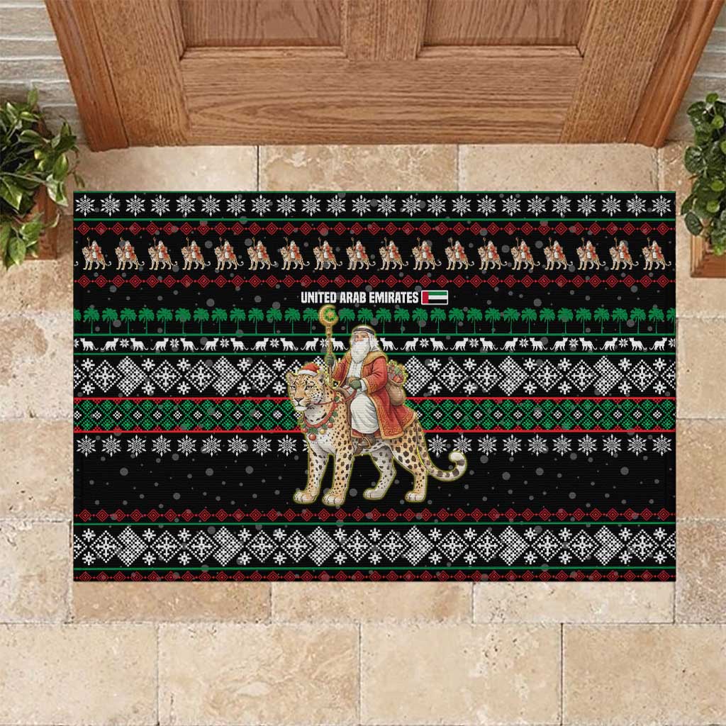 United Arab Emirates Christmas Rubber Doormat with Santa Riding Cheetah Black Snowflake Pattern and Palm Tree - Wonder Print Shop