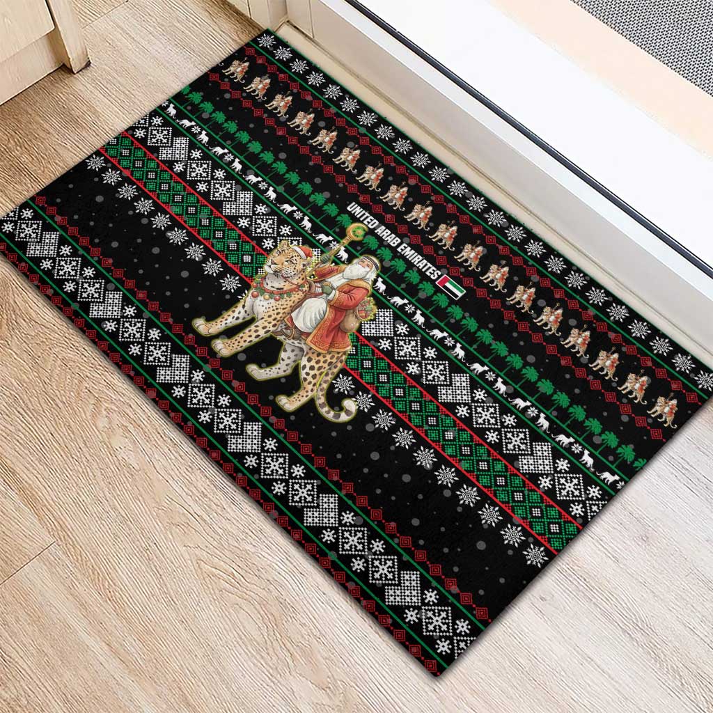 United Arab Emirates Christmas Rubber Doormat with Santa Riding Cheetah Black Snowflake Pattern and Palm Tree - Wonder Print Shop