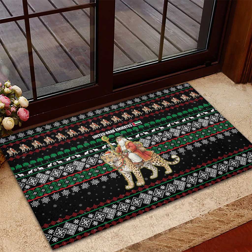 United Arab Emirates Christmas Rubber Doormat with Santa Riding Cheetah Black Snowflake Pattern and Palm Tree - Wonder Print Shop