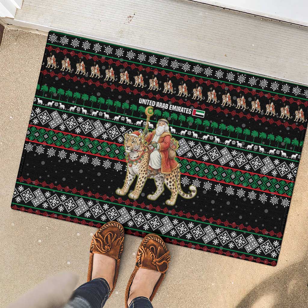 United Arab Emirates Christmas Rubber Doormat with Santa Riding Cheetah Black Snowflake Pattern and Palm Tree - Wonder Print Shop
