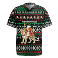 United Arab Emirates Christmas Rugby Jersey with Santa Riding Cheetah Black Snowflake Pattern and Palm Tree - Wonder Print Shop