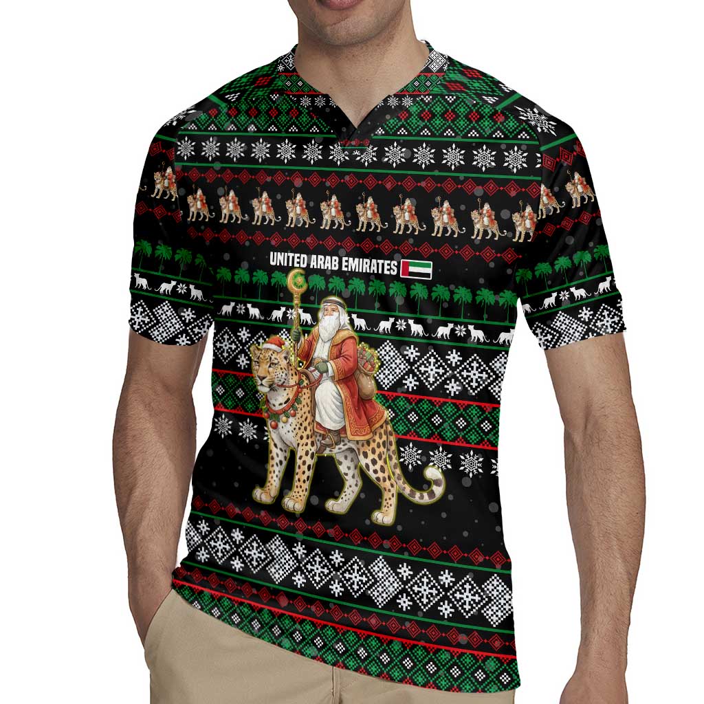 United Arab Emirates Christmas Rugby Jersey with Santa Riding Cheetah Black Snowflake Pattern and Palm Tree - Wonder Print Shop