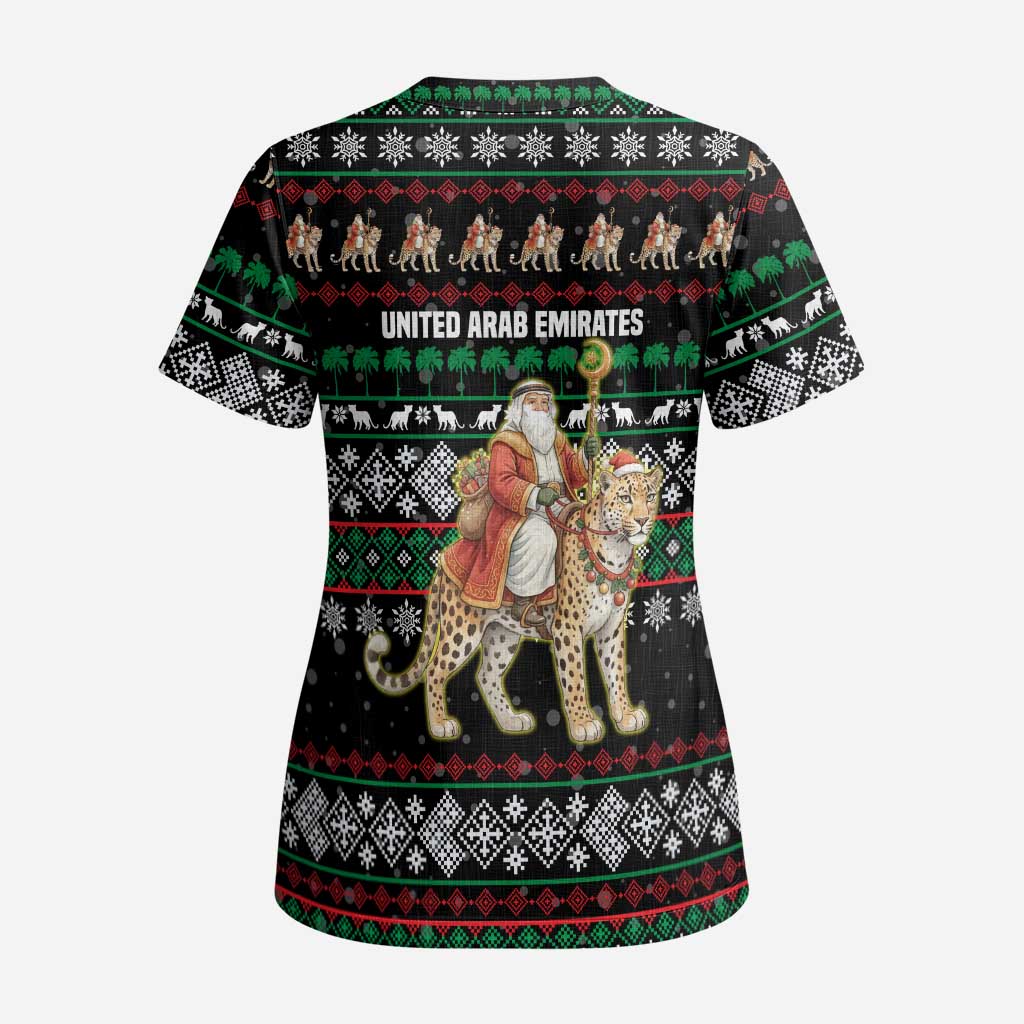 United Arab Emirates Christmas Scrub Top with Santa Riding Cheetah Black Snowflake Pattern and Palm Tree - Wonder Print Shop