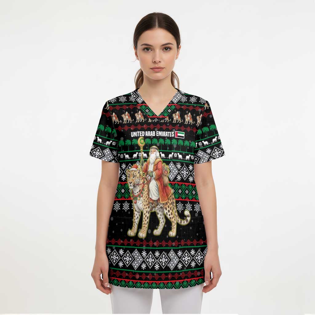 United Arab Emirates Christmas Scrub Top with Santa Riding Cheetah Black Snowflake Pattern and Palm Tree - Wonder Print Shop