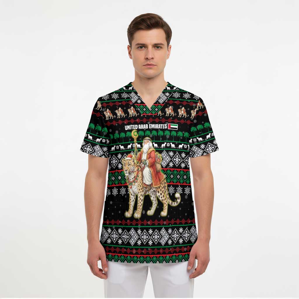 United Arab Emirates Christmas Scrub Top with Santa Riding Cheetah Black Snowflake Pattern and Palm Tree - Wonder Print Shop
