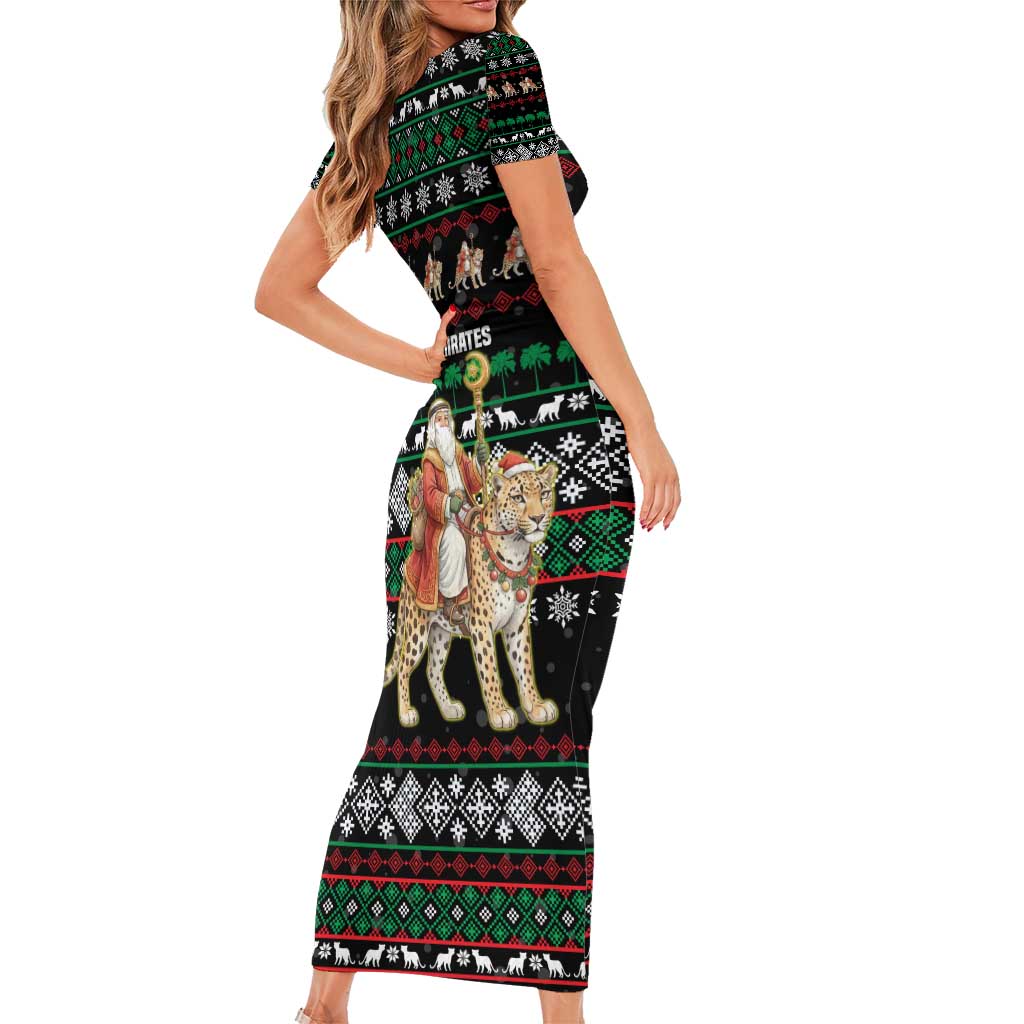 United Arab Emirates Christmas Short Sleeve Bodycon Dress with Santa Riding Cheetah Black Snowflake Pattern and Palm Tree - Wonder Print Shop