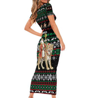 United Arab Emirates Christmas Short Sleeve Bodycon Dress with Santa Riding Cheetah Black Snowflake Pattern and Palm Tree - Wonder Print Shop