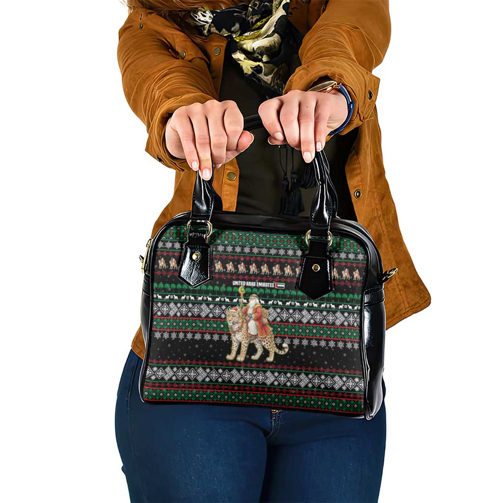 United Arab Emirates Christmas Shoulder Handbag with Santa Riding Cheetah Black Snowflake Pattern and Palm Tree - Wonder Print Shop