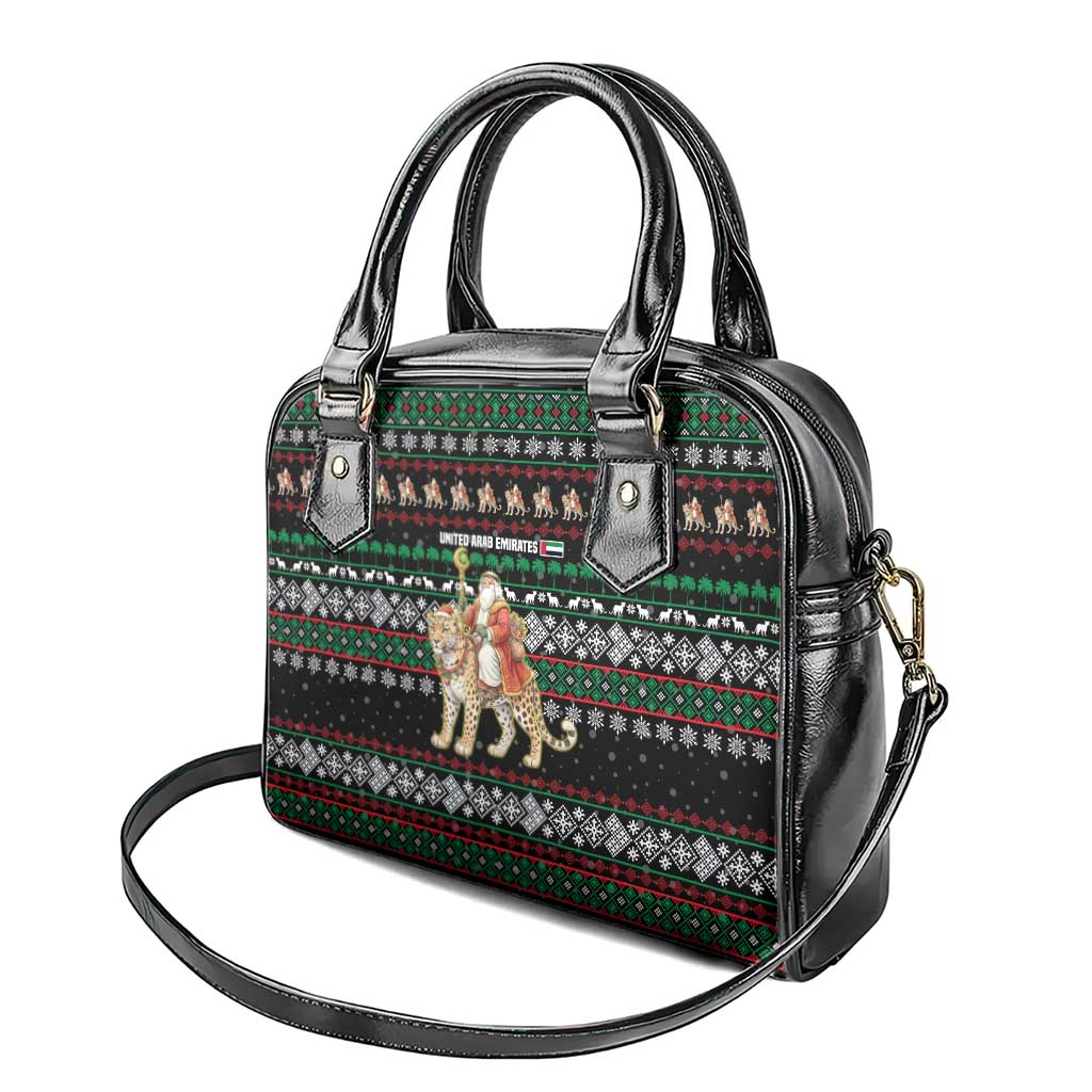 United Arab Emirates Christmas Shoulder Handbag with Santa Riding Cheetah Black Snowflake Pattern and Palm Tree - Wonder Print Shop