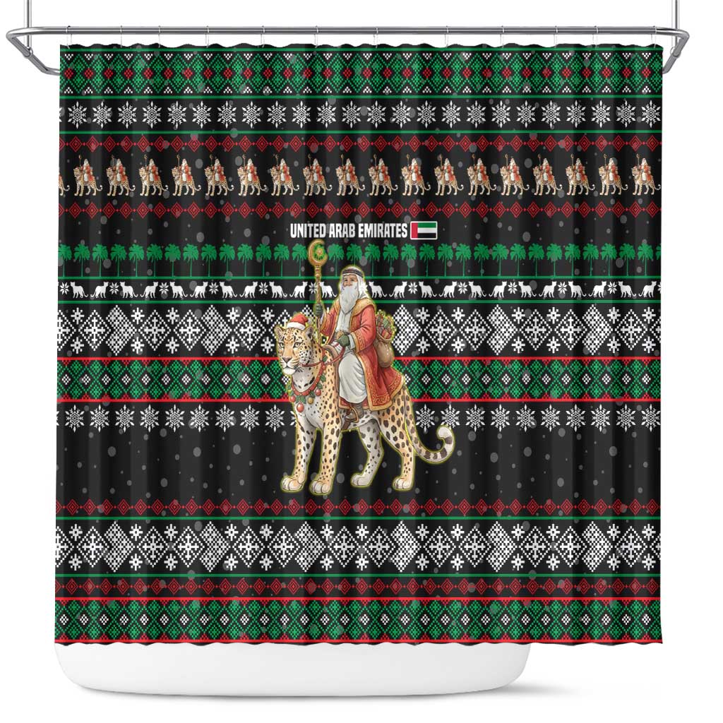 United Arab Emirates Christmas Shower Curtain with Santa Riding Cheetah Black Snowflake Pattern and Palm Tree - Wonder Print Shop