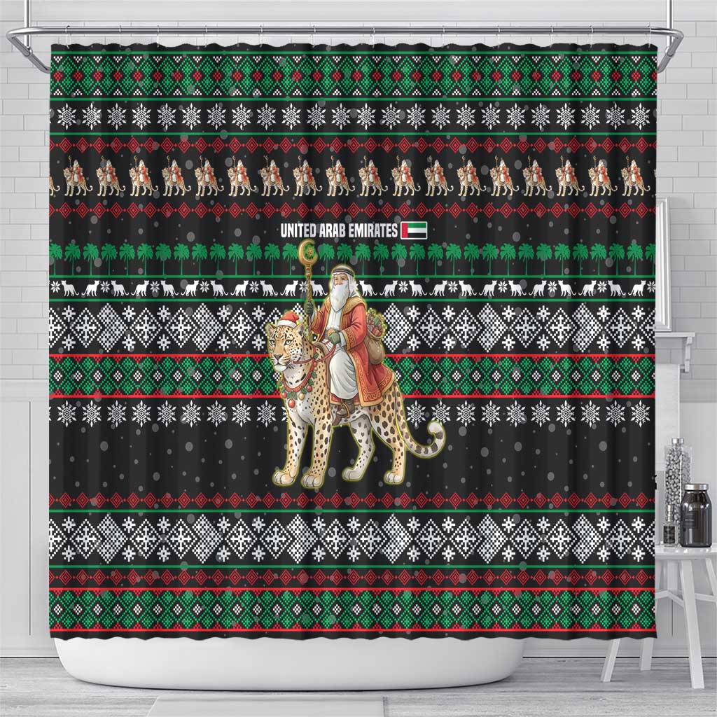 United Arab Emirates Christmas Shower Curtain with Santa Riding Cheetah Black Snowflake Pattern and Palm Tree - Wonder Print Shop