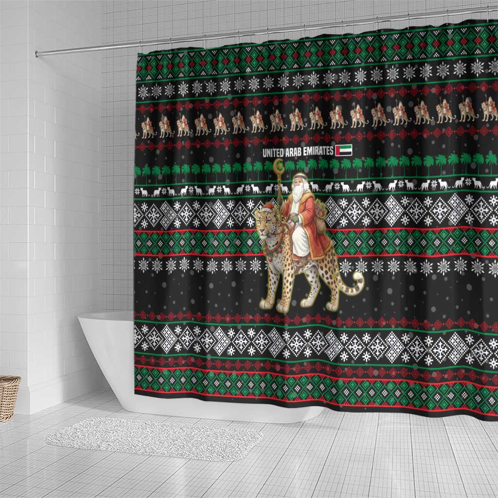 United Arab Emirates Christmas Shower Curtain with Santa Riding Cheetah Black Snowflake Pattern and Palm Tree - Wonder Print Shop