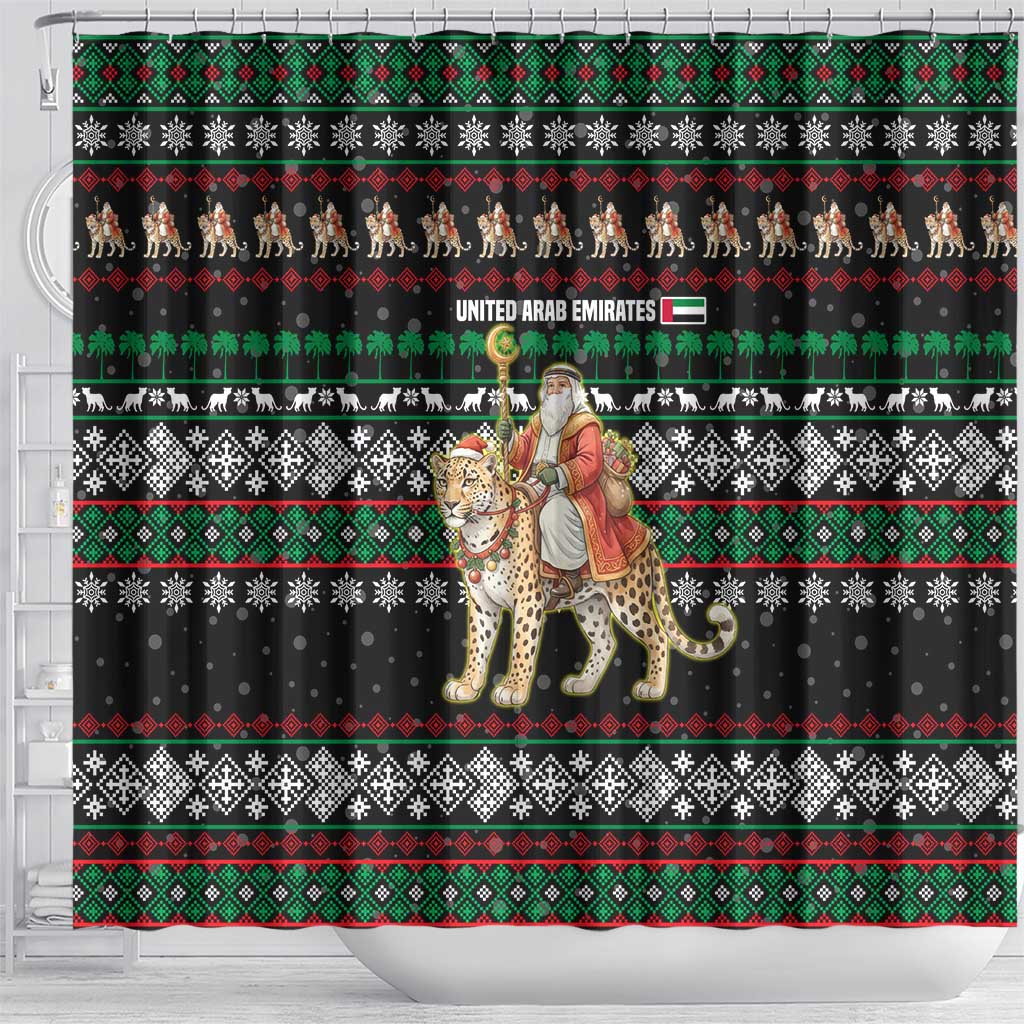 United Arab Emirates Christmas Shower Curtain with Santa Riding Cheetah Black Snowflake Pattern and Palm Tree - Wonder Print Shop