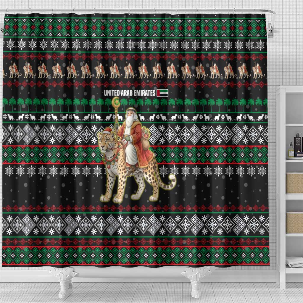 United Arab Emirates Christmas Shower Curtain with Santa Riding Cheetah Black Snowflake Pattern and Palm Tree - Wonder Print Shop