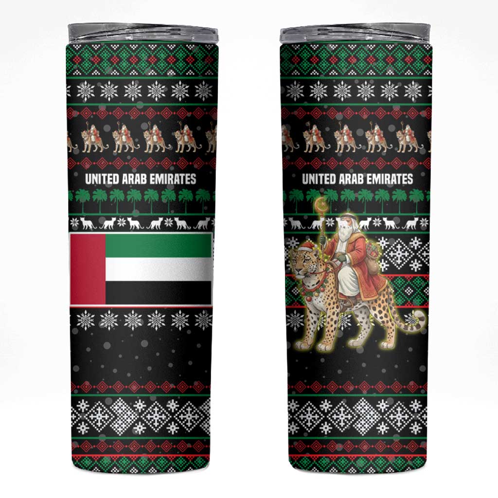 United Arab Emirates Christmas Skinny Tumbler with Santa Riding Cheetah Black Snowflake Pattern and Palm Tree - Wonder Print Shop