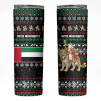 United Arab Emirates Christmas Skinny Tumbler with Santa Riding Cheetah Black Snowflake Pattern and Palm Tree - Wonder Print Shop