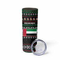 United Arab Emirates Christmas Skinny Tumbler with Santa Riding Cheetah Black Snowflake Pattern and Palm Tree - Wonder Print Shop