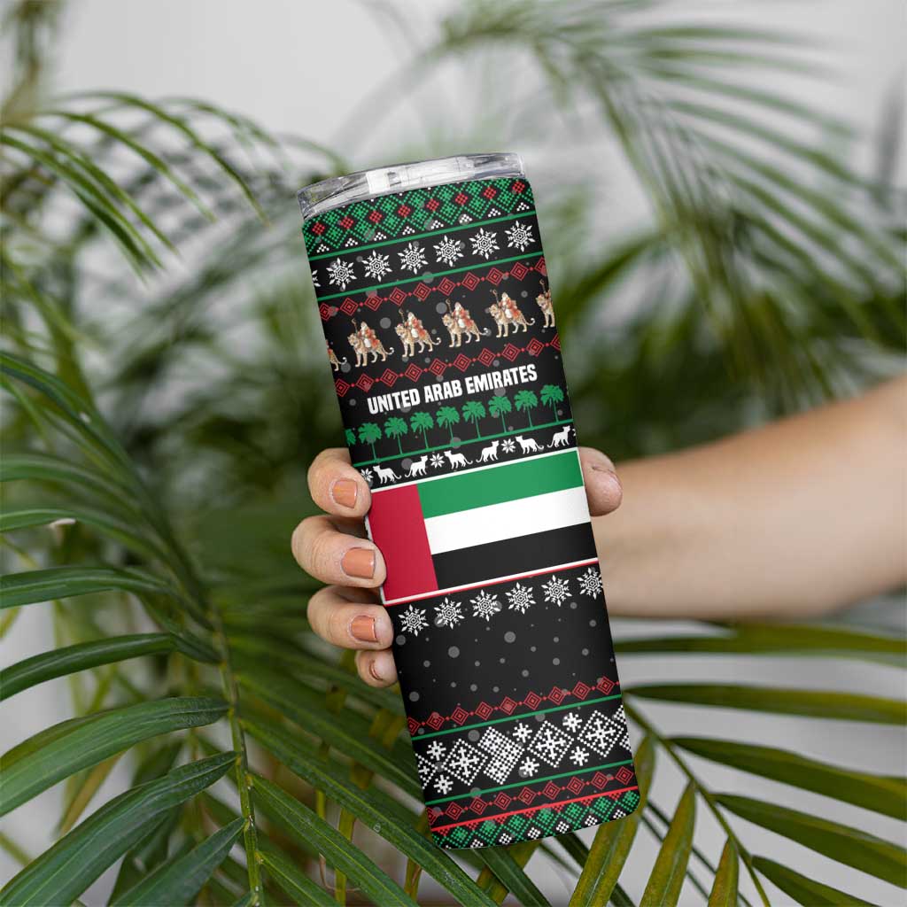 United Arab Emirates Christmas Skinny Tumbler with Santa Riding Cheetah Black Snowflake Pattern and Palm Tree - Wonder Print Shop