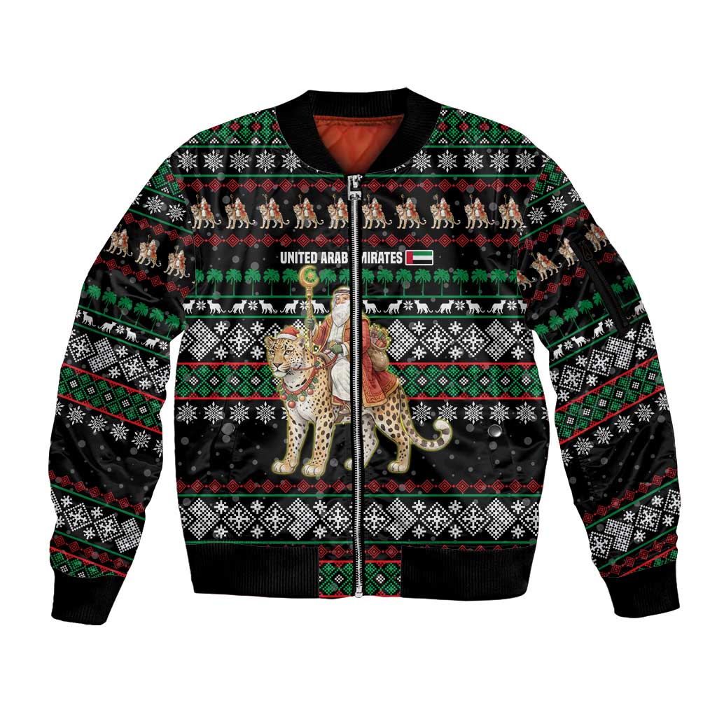 United Arab Emirates Christmas Sleeve Zip Bomber Jacket with Santa Riding Cheetah Black Snowflake Pattern and Palm Tree - Wonder Print Shop