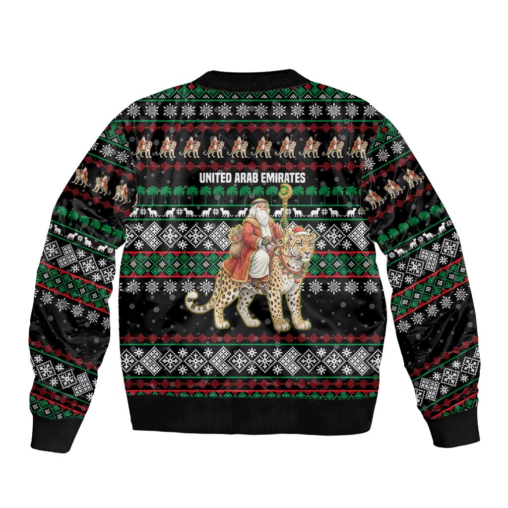 United Arab Emirates Christmas Sleeve Zip Bomber Jacket with Santa Riding Cheetah Black Snowflake Pattern and Palm Tree - Wonder Print Shop