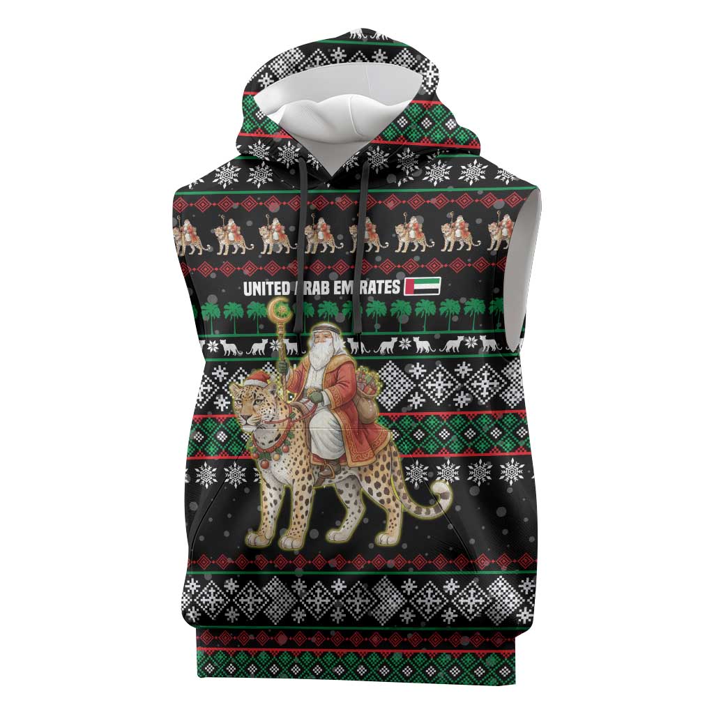 United Arab Emirates Christmas Sleeveless Hoodie with Santa Riding Cheetah Black Snowflake Pattern and Palm Tree - Wonder Print Shop