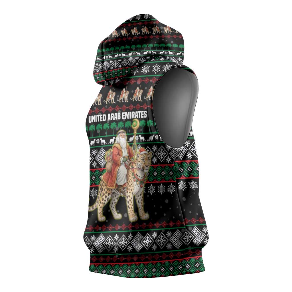 United Arab Emirates Christmas Sleeveless Hoodie with Santa Riding Cheetah Black Snowflake Pattern and Palm Tree - Wonder Print Shop