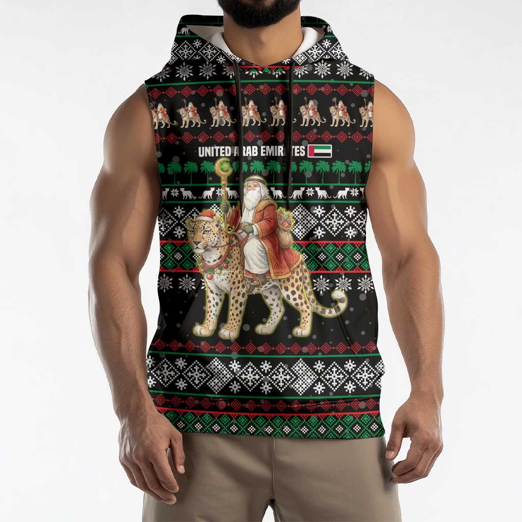 United Arab Emirates Christmas Sleeveless Hoodie with Santa Riding Cheetah Black Snowflake Pattern and Palm Tree - Wonder Print Shop