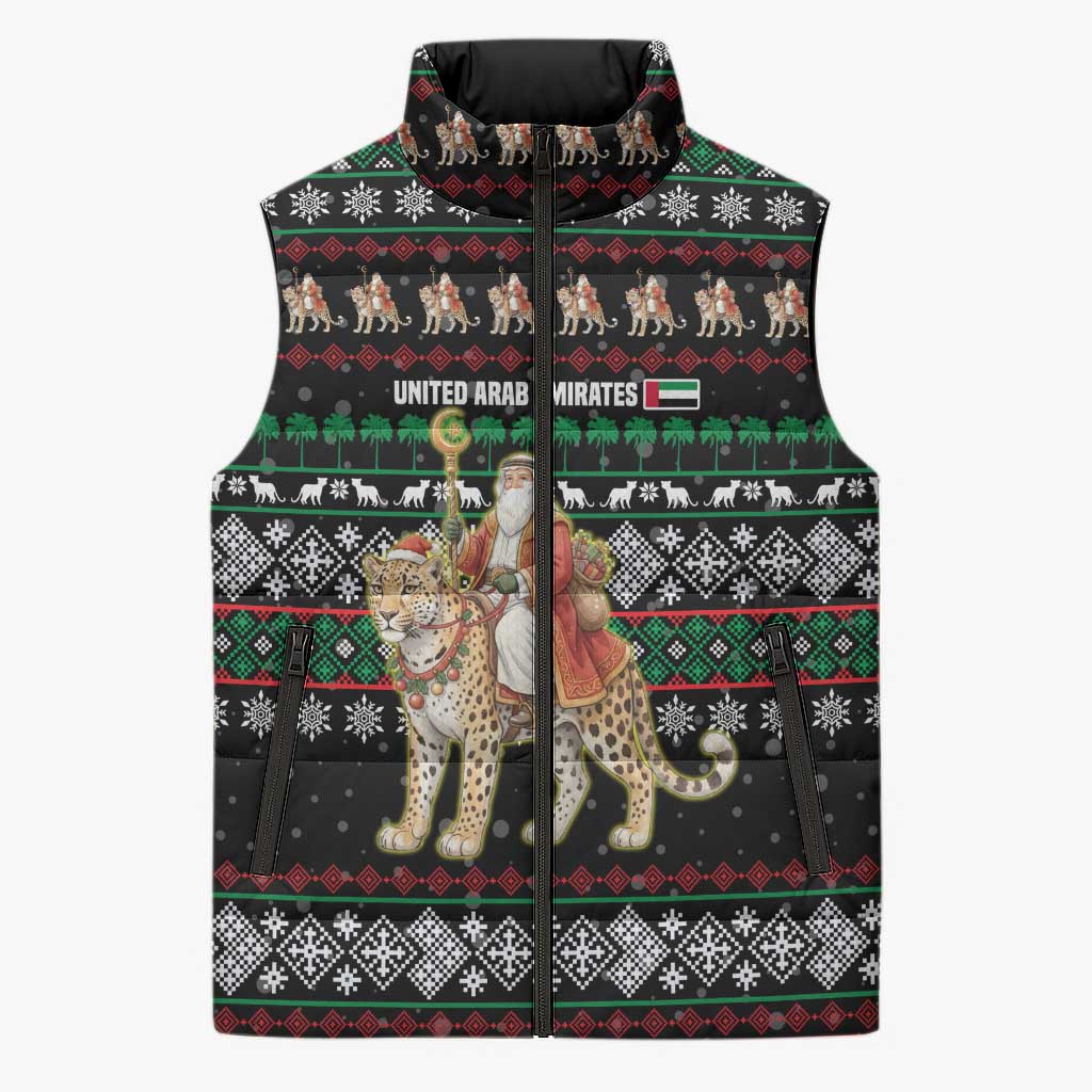 United Arab Emirates Christmas Sleeveless Puffer Jacket with Santa Riding Cheetah Black Snowflake Pattern and Palm Tree - Wonder Print Shop