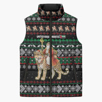 United Arab Emirates Christmas Sleeveless Puffer Jacket with Santa Riding Cheetah Black Snowflake Pattern and Palm Tree - Wonder Print Shop