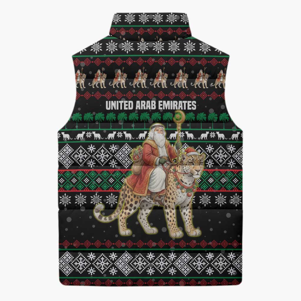 United Arab Emirates Christmas Sleeveless Puffer Jacket with Santa Riding Cheetah Black Snowflake Pattern and Palm Tree - Wonder Print Shop