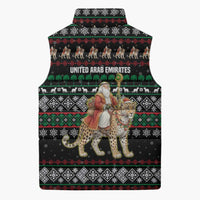 United Arab Emirates Christmas Sleeveless Puffer Jacket with Santa Riding Cheetah Black Snowflake Pattern and Palm Tree - Wonder Print Shop
