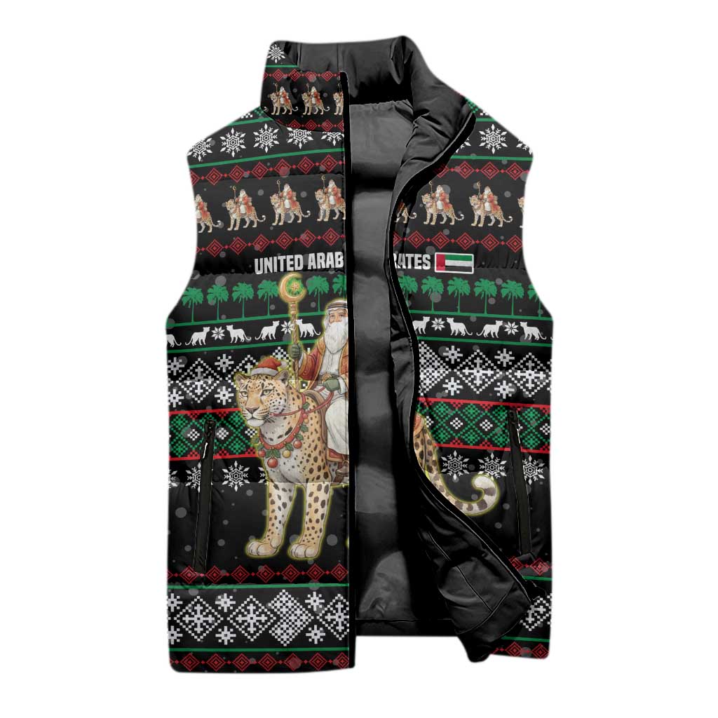 United Arab Emirates Christmas Sleeveless Puffer Jacket with Santa Riding Cheetah Black Snowflake Pattern and Palm Tree - Wonder Print Shop