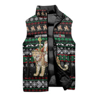 United Arab Emirates Christmas Sleeveless Puffer Jacket with Santa Riding Cheetah Black Snowflake Pattern and Palm Tree - Wonder Print Shop