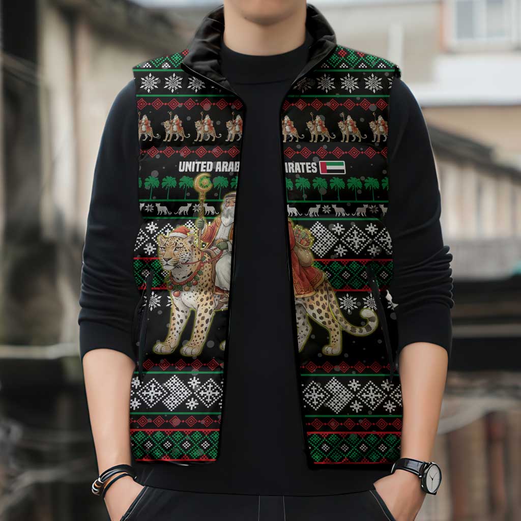 United Arab Emirates Christmas Sleeveless Puffer Jacket with Santa Riding Cheetah Black Snowflake Pattern and Palm Tree - Wonder Print Shop