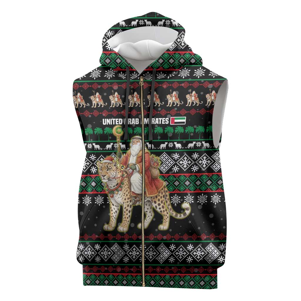 United Arab Emirates Christmas Sleeveless Zip Hoodie with Santa Riding Cheetah Black Snowflake Pattern and Palm Tree - Wonder Print Shop