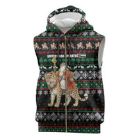 United Arab Emirates Christmas Sleeveless Zip Hoodie with Santa Riding Cheetah Black Snowflake Pattern and Palm Tree - Wonder Print Shop