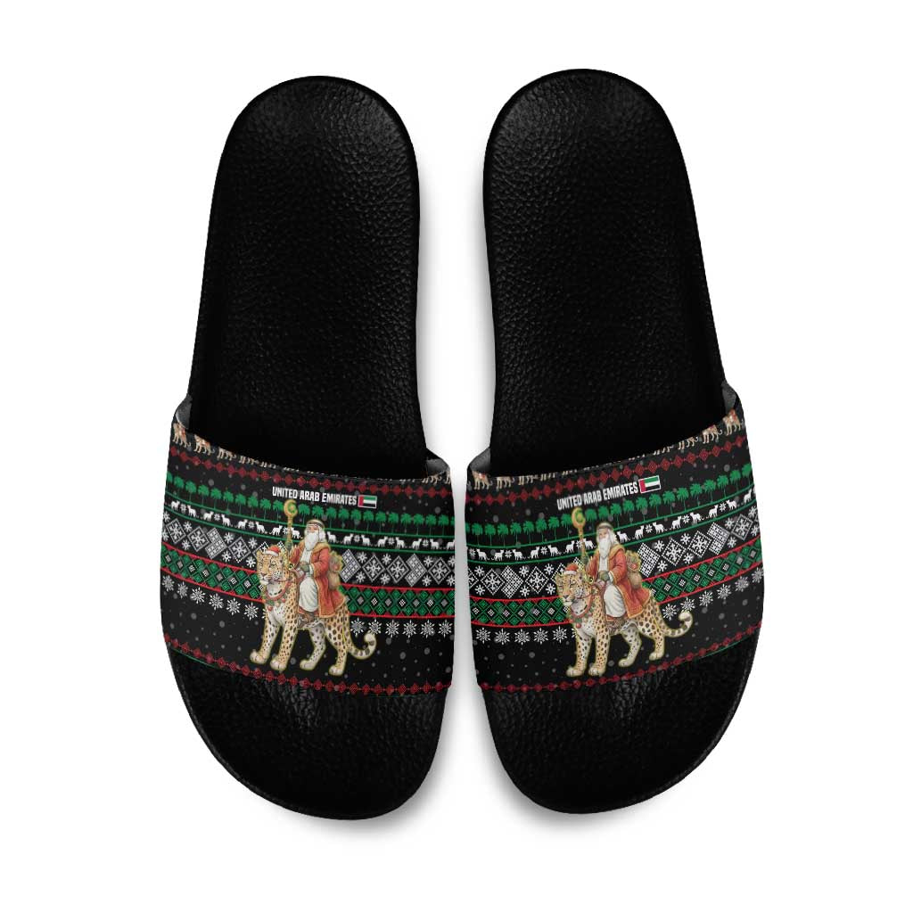 United Arab Emirates Christmas Slide Sandals with Santa Riding Cheetah Black Snowflake Pattern and Palm Tree - Wonder Print Shop