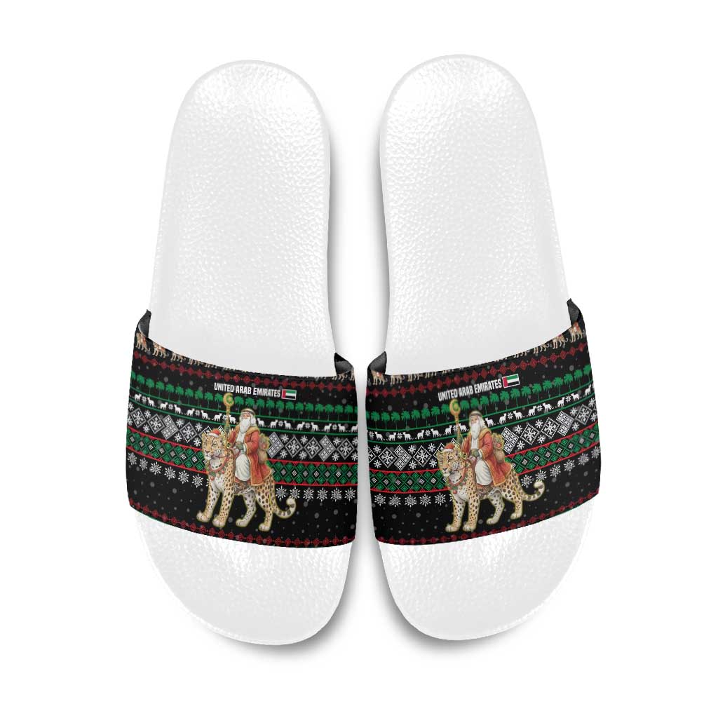 United Arab Emirates Christmas Slide Sandals with Santa Riding Cheetah Black Snowflake Pattern and Palm Tree - Wonder Print Shop