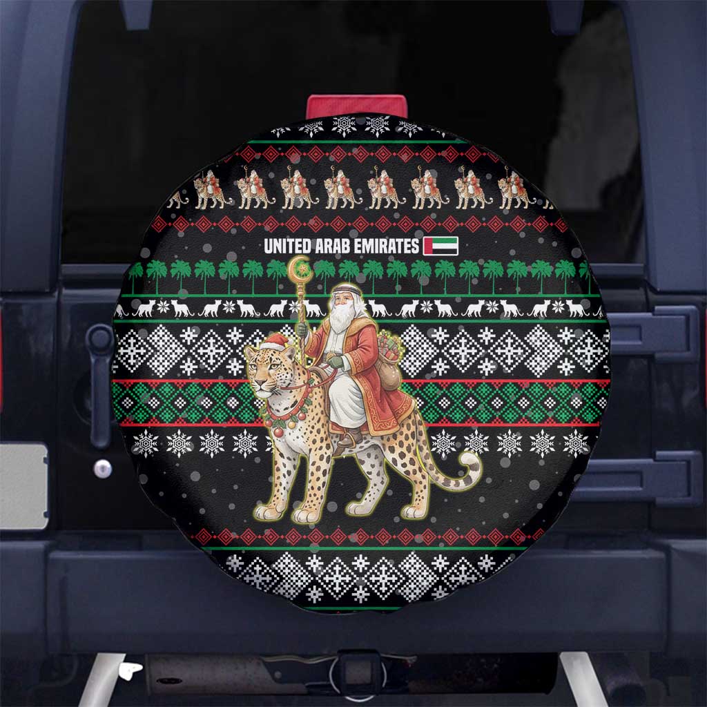United Arab Emirates Christmas Spare Tire Cover with Santa Riding Cheetah Black Snowflake Pattern and Palm Tree - Wonder Print Shop