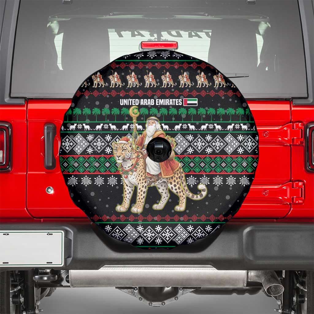 United Arab Emirates Christmas Spare Tire Cover with Santa Riding Cheetah Black Snowflake Pattern and Palm Tree - Wonder Print Shop