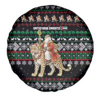 United Arab Emirates Christmas Spare Tire Cover with Santa Riding Cheetah Black Snowflake Pattern and Palm Tree - Wonder Print Shop