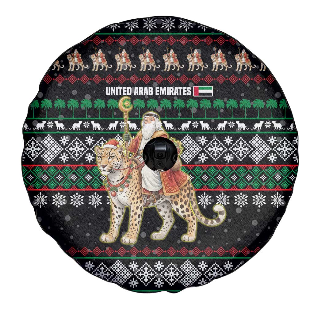 United Arab Emirates Christmas Spare Tire Cover with Santa Riding Cheetah Black Snowflake Pattern and Palm Tree - Wonder Print Shop