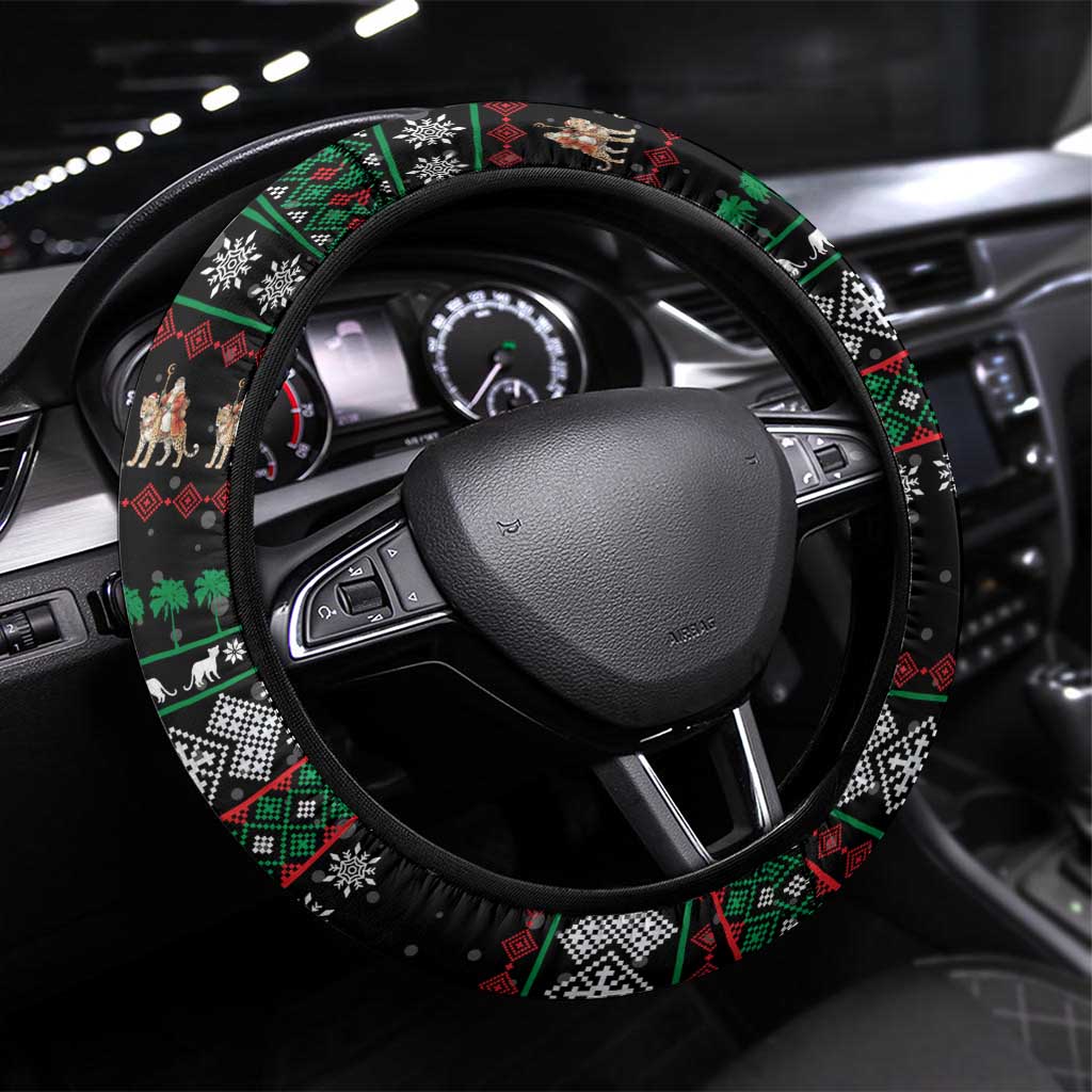 United Arab Emirates Christmas Steering Wheel Cover with Santa Riding Cheetah Black Snowflake Pattern and Palm Tree - Wonder Print Shop