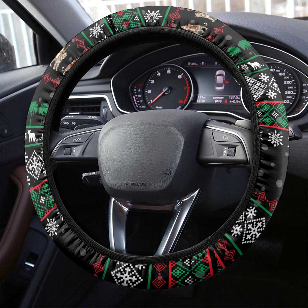 United Arab Emirates Christmas Steering Wheel Cover with Santa Riding Cheetah Black Snowflake Pattern and Palm Tree - Wonder Print Shop
