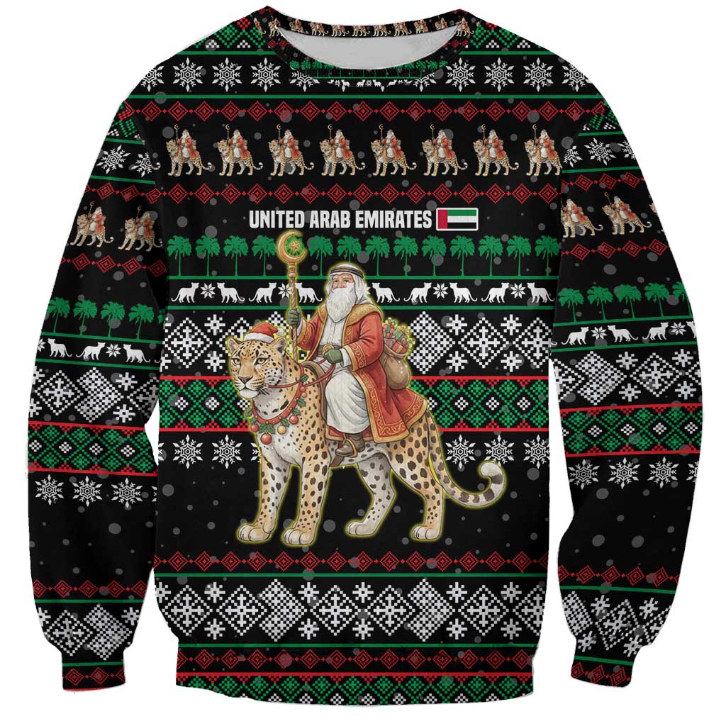 United Arab Emirates Christmas Sweatshirt with Santa Riding Cheetah Black Snowflake Pattern and Palm Tree - Wonder Print Shop