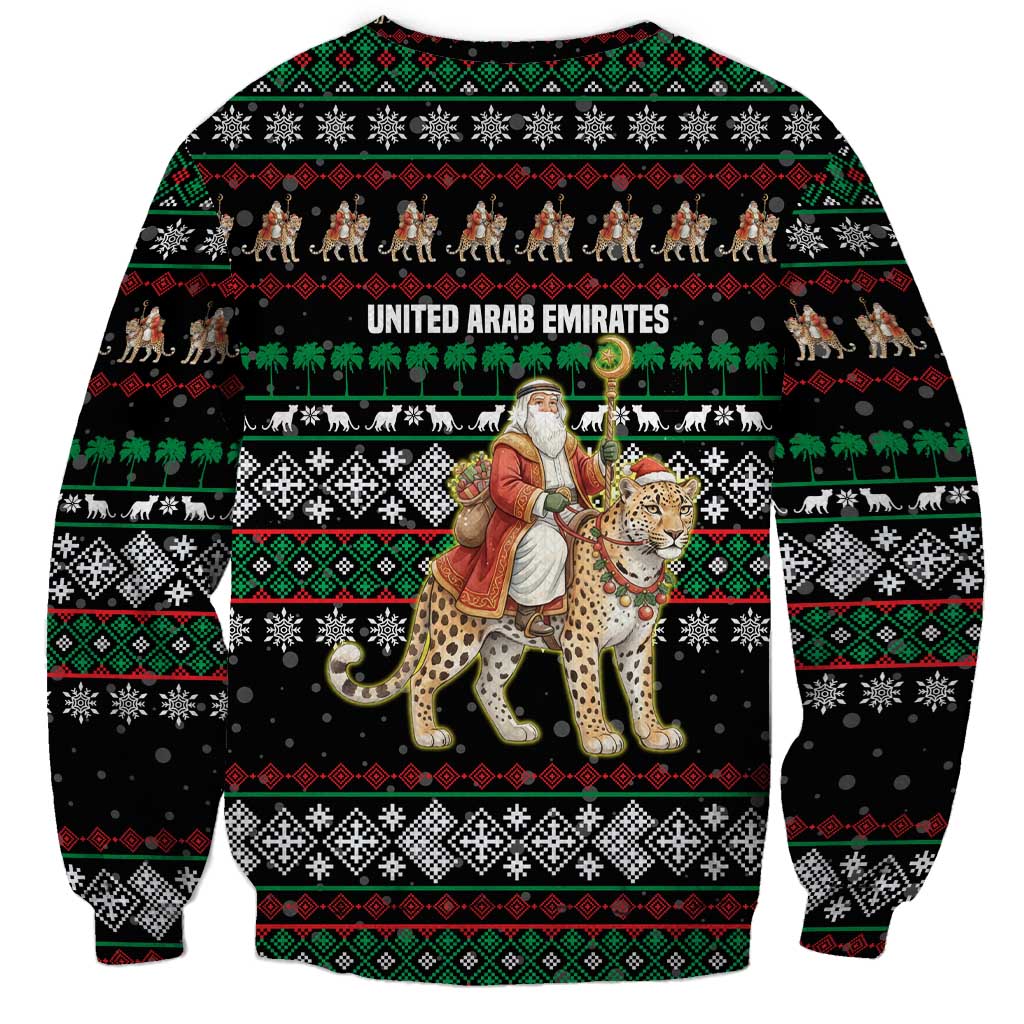 United Arab Emirates Christmas Sweatshirt with Santa Riding Cheetah Black Snowflake Pattern and Palm Tree - Wonder Print Shop
